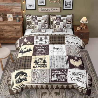 Erosebridal 7 Piece Happy Camping Full Bed in a Bag,Kids Rv Camper Comforter Set for Bunk Travel Trailers,Brown Buffalo Plaid Patchwork Bedding Set with Sheets,Rustic Cabin Bed Set with Pillowcases