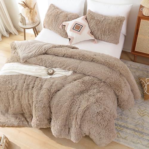 Smoofy Fluffy Twin Comforter Set, Khaki Faux Fur Comforter Set 2 Pieces