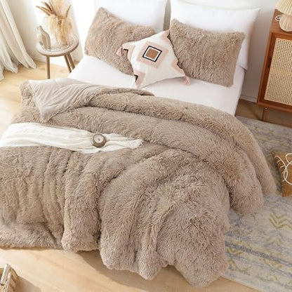 Smoofy Fluffy Twin Comforter Set, Khaki Faux Fur Comforter Set 2 Pieces