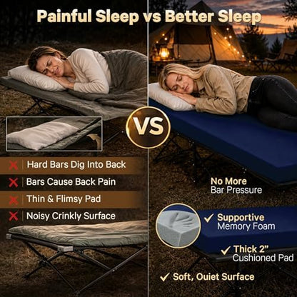CYMULA Camping Cot Pad 2 Inch Memory Foam, Pad Only,Camping Pad for Folding Cot and Foldable Cot, Portable Roll Up Camp Gear for Car Camping Travel Tent, Non-Slip Waterproof Bottom, Removable Cover