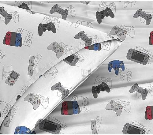 Kids Rule Glow in The Dark Gamer Bedding Set - Glow in The Dark Gamer Comforter - Vibrant Game Controller Print & Gaming Sheets - Full 7-Piece Boys Bedding Set - Full Size, Blue & Grey - Pack of 7