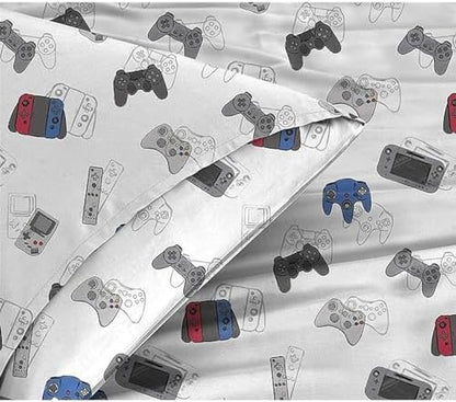 Kids Rule Glow in The Dark Gamer Bedding Set - Glow in The Dark Gamer Comforter - Vibrant Game Controller Print & Gaming Sheets - Full 7-Piece Boys Bedding Set - Full Size, Blue & Grey - Pack of 7