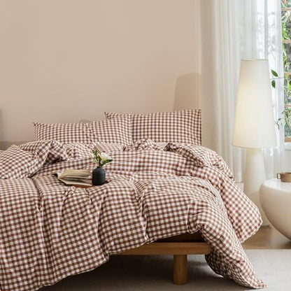 JIYUAN King Washed Cotton Duvet Cover Set, 3-Piece,Classic Gingham