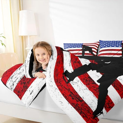 Erosebridal American Flag Comforter Set Twin, Hockey Bedding Set United States Sports Games Down Comforter for Kids Boys Teens Bedroom, Red White Geometric Stripes Duvet Sets with 1 Pillowcase
