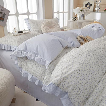 King Comforter Set Blue Floral Comforter King Vintage Floral Bedding Comforter Boho Ruffle Comforter Set Cottagecore Flower Botanical Comforter with 2 Pillowcases Fluffy Soft Comfy Comforter Set