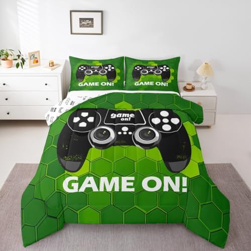 Castle Fairy Teens Gamepad Reversible Comforter Set Full Size,Gamer Video Game Bedding Set for Kids Boys Adult Bedroom Decoration,Geometric Bed Duvet Insert,Green Hexagon Comforter with 2 Pillowcase