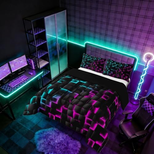 Erosebridal Geometric Checkered Comforter Set Toddler Neon Teal Purple Bedding Set for Kids Boys Teen Men Gamer Room Decor,Abstract Ombre Plaid Comforter Grids Quilt Duvet Black
