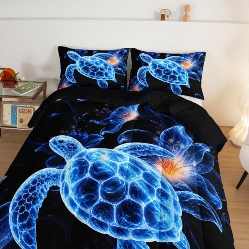 HOSIMA Sea Turtle Comforter Full with Floral Printed with 2 Pillowcases.