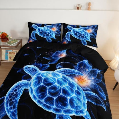 HOSIMA Sea Turtle Comforter Full with Floral Printed with 2 Pillowcases.