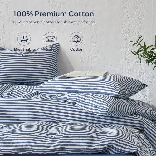 JELLYMONI 100% Cotton Sheet Set, Navy Blue Striped, Queen