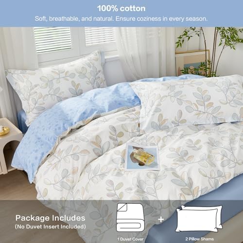 SAPHREAS Botanical Leaves Printed Duvet Cover Full Size 3pcs Blue Leaf Cotton Garden Style Bedding Comforter Cover Set 1 White Duvet Cover 80"x90" 2 Pillow Shams, Comforter Not Included