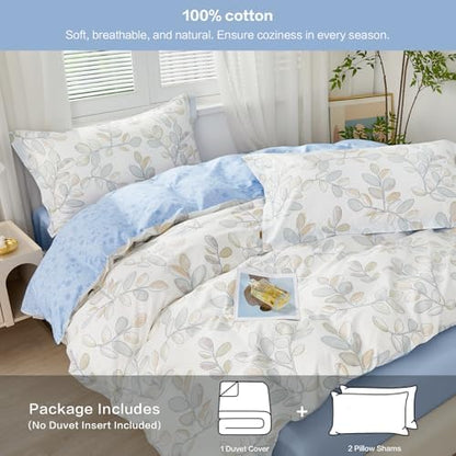 SAPHREAS Botanical Leaves Printed Duvet Cover Full Size 3pcs Blue Leaf Cotton Garden Style Bedding Comforter Cover Set 1 White Duvet Cover 80"x90" 2 Pillow Shams, Comforter Not Included