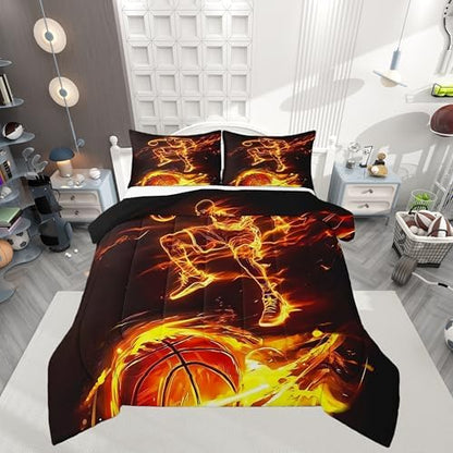 Castle Fairy Basketball Fire Full Size Comforter Set,Basketball Player Bedding Set for Adults Teens,Children Burning Flame Comforter Luxury Sports Gaming Quilt Set Room Decor 3Pcs