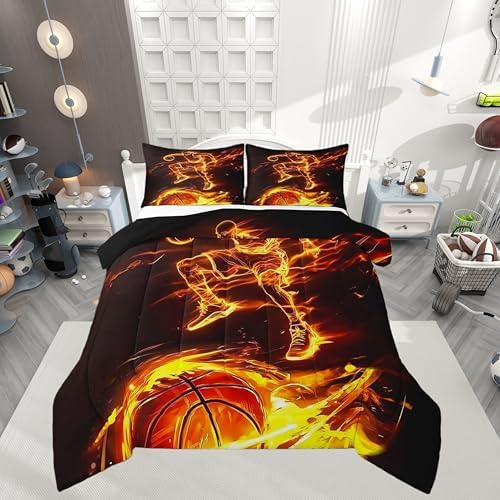 Castle Fairy Basketball Fire Comforter Set,Basketball Player Bedding Set for Kids Girls Boys,Teens Adults Burning Flame Comforter,Sports Gaming Quilted Duvet Set Bedroom Collection Twin Size 2Pcs
