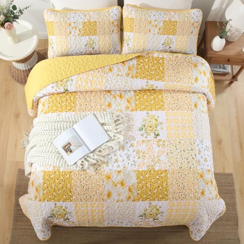 Mybedsoul Boho Quilts Queen Size, Patchwork Reversible Bedding Set, Yellow