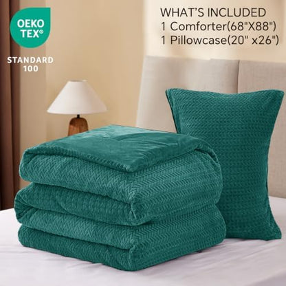ChiXpace Fleece Twin Size Comforter Set Teal, Fluffy Bed Set 2 Pieces