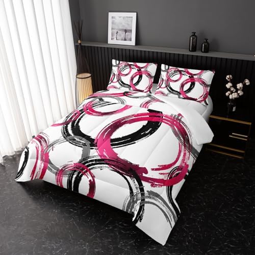 Nttopship Geometric Circle Comforter Set Pink Grey Black Geometric Bedding Set for Boys Girls Teens Retro Circle Swirls Bedding Set Bedroom Decor Modern Abstract Art Duvet Set Room Decor King Size