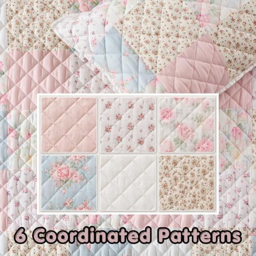 Wonderful - Real Patchwork Quilt Set King Size, 3 Piece Cotton Front Floral Pink Bedding, Boho Farmhouse Reversible Bedspread for All Season,104"x90"