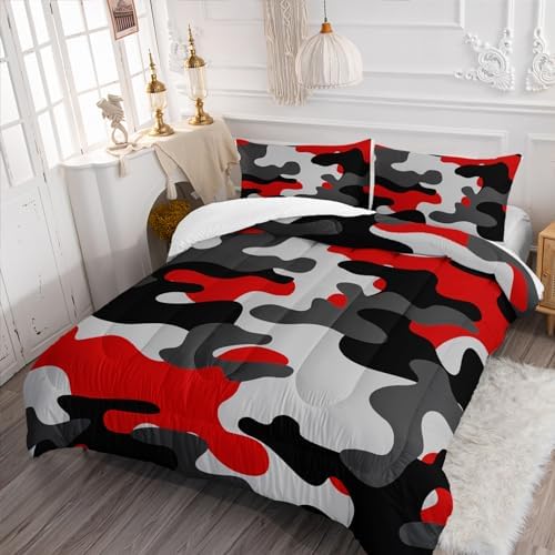 Nttopship Camo Comforter Set for Boys Girls Men，3 Pcs Red Desert Camo Bedding Set Boys Bed Set,Camouflage Room Decor with 1 Comforter with 2 Pillow Case(Red Camo, King Size)