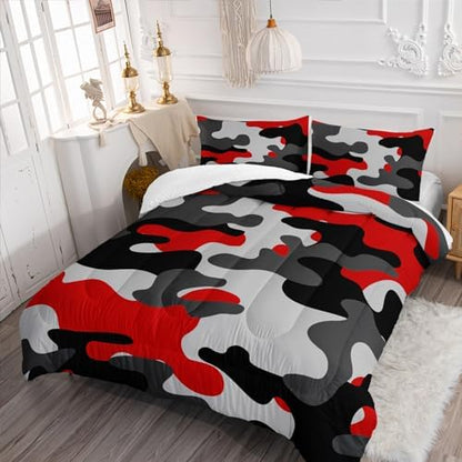 Nttopship Red Camo Comforter Set for Girls Men，Twin Size Red Camouflage Bedding Sets for Kids Boys,Ultra Soft Lightweight Bedding Sets，Kids Room Decor with 1 Comforter with 2 Pillow Case