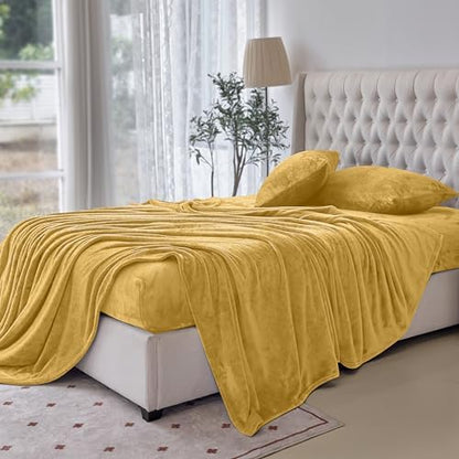 Elegant Comfort Luxuriously Soft 4-Piece Velvet Plush Flannel Sheet Set - Premium Quality - Cozy Warm, Anti-Static, Non Pilling Fuzzy Velvet Flannel Fleece Deep Pocket Sheet Set - Cal King, Gold