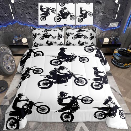 Feelyou Dirt Bike Comforter Set Toddler Size Cool Motocross Bedding Set Ultra Soft Motorcycle Racer Comforter for Kids Boys Girls Motorcycle Duvet Quilt Bedroom Decor Motorbike Quilt