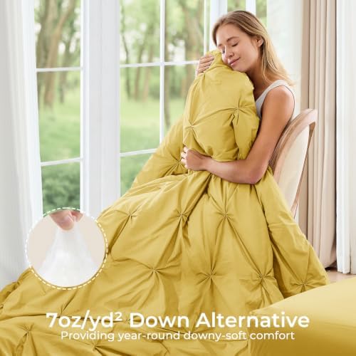 Sasttie Queen Comforter Set, 7-Piece Bed in a Bag, Pintuck Bedding Sets for All Season, Includes Comforter, Flat Sheet, Fitted Sheet, Pillowcases and Pillowshams, Mustard Yellow