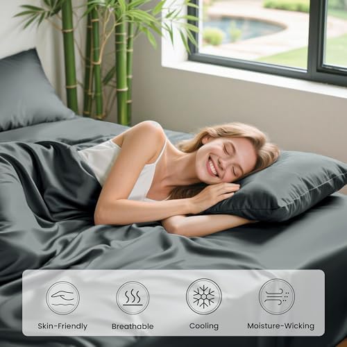 Love's cabin 3 Piece Twin Sheet Set, 100% Rayon Derived from Bamboo, Cooling & Breathable, Soft Silky Deep Pocket up to 16", Hotel Luxury Bedding for Hot Sleepers, Dark Grey