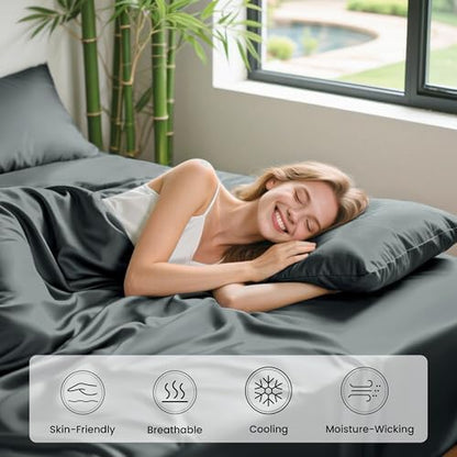 Love's cabin 3 Piece Twin Sheet Set, 100% Rayon Derived from Bamboo, Cooling & Breathable, Soft Silky Deep Pocket up to 16", Hotel Luxury Bedding for Hot Sleepers, Dark Grey