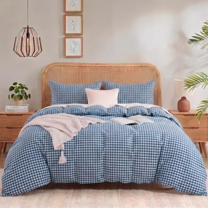 NEXHOME PRO Blue Gingham Duvet Cover Queen, 100% Washed Cotton Like Linen Feel Organic Natural Bedding Set 3 Piece Navy Vintage Plaid Checkered Comforter Cover Set (No Comforter) 9090