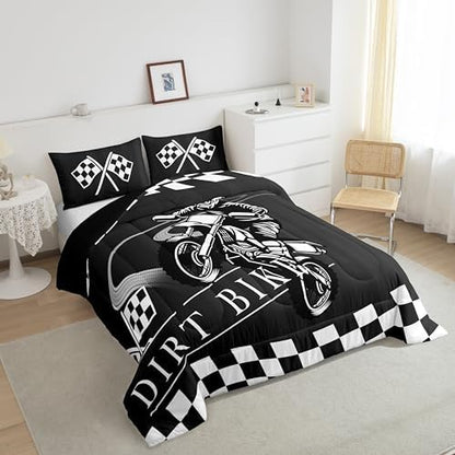 Erosebridal Boys Comforter King Dirt Bike Bedding Set, Extreme Sport Down Comforter Teens Adults Motocross Bed Set, Black White Grid Quilted Duvet, Black Reversible 3pcs Breathable