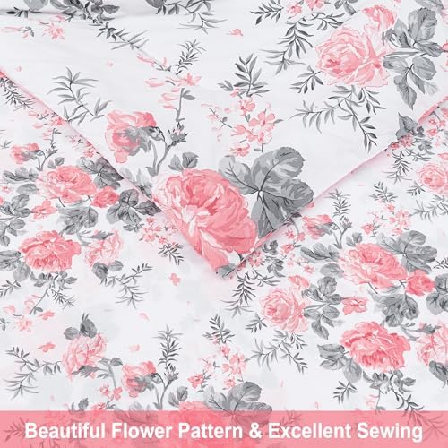 lasoftan Floral Queen Comforter Set with Sheets, 7 piece Luxury Vintage Bedding, Soft Microfiber Bed in a Bag, Cozy Lightweight Bed Set, Pink Flower Grey Leaf