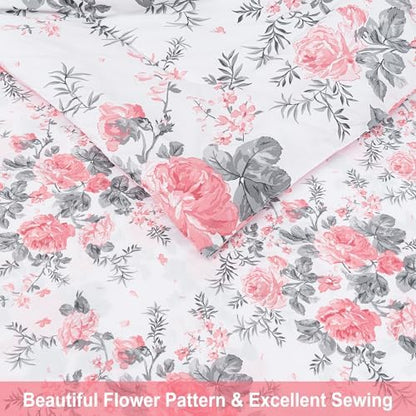 lasoftan Floral Queen Comforter Set with Sheets, 7 piece Luxury Vintage Bedding, Soft Microfiber Bed in a Bag, Cozy Lightweight Bed Set, Pink Flower Grey Leaf
