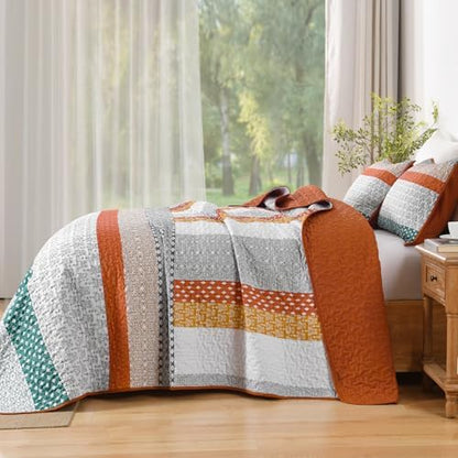 WONGS BEDDING Boho Quilt King Size, Patchwork Bedding Set, Blue Brown