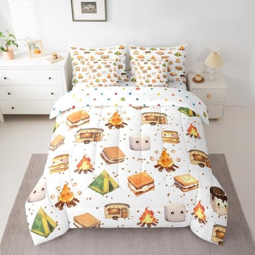 Erosebridal 7 Pcs Camper Bed in A Bag Full for Kids,Happy Camping Bunk Comforter Set with Sheets,Rv Car Bedding Accessories for Travel Trailers,Cute Campfire Dessert Adventure Bed Set