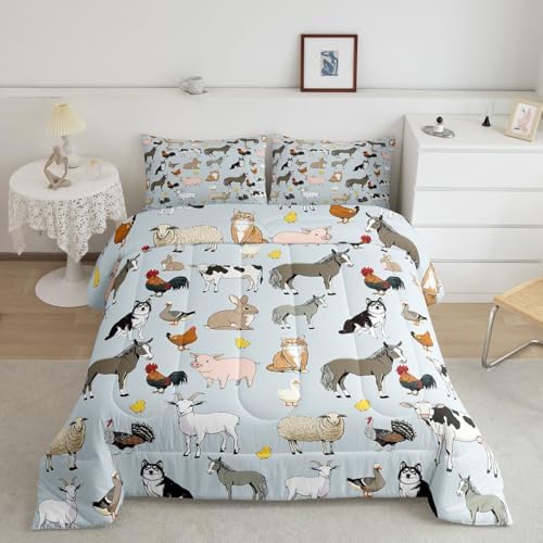 Feelyou Light Blue Farm Animal Comforter Set Toddler Size Cute Animal Bedding Set for Kids Boys Girls Farm Theme Duvet Quilt Cartoon Bedroom Decor 2 Pcs with 1 Pillow Cases