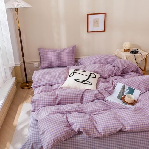 mixinni Purple Gingham Grid Duvet Cover Twin, 100% Washed Cotton Modern Geometric Bedding Set with 2 Pillowcases, Farmhouse Style Yellow Plaid Comforter Cover Set for Men & Women, Soft & Lightweight