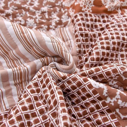 Mybedsoul Burnt Orange Boho Quilt King Size, Patchwork Floral Bedding Set