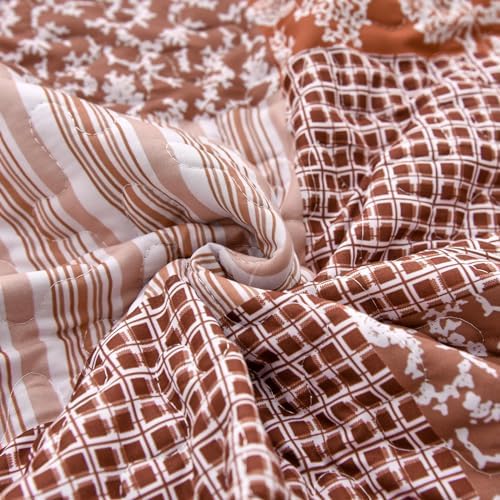 Mybedsoul Burnt Orange Boho Quilt Queen Size, Patchwork Fall Bedding Set