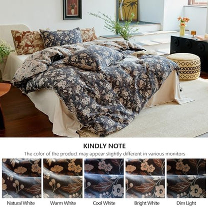 Simple&Opulence Muslin Duvet Cover Set Queen Size, 100% Washed Cotton 3 Pieces Yarn-Dyed Vintage Navy Floral Jacquard Textured Bedding, Soft & Breathable Gauze Comforter Cover with Zipper Closure