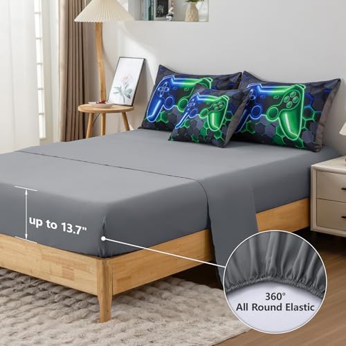 6Pcs Gamer Comforter Set with Sheets for Boys Girls Kids Teens, Colorful Gaming Themed Bed in A Bag Queen Size, Black 3D Video Game Controller Bedroom Decor Bedding Set