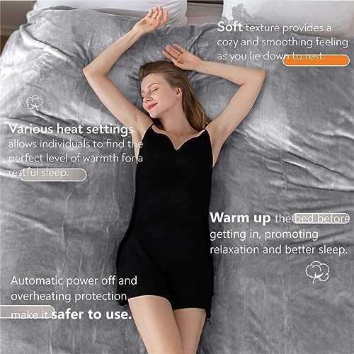 Wapaneus Heated Blanket Electric Throw 72" x 84" Full Size with 10 Heating Levels 12 Hours Time Setings and Auto-Shut Off, Flannel Fast-Heating Electric Blanket,Machine Washable,Light Grey