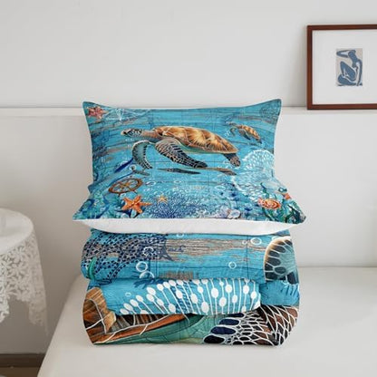 Sea Turtle Comforter Set Queen for Kids Boys Girls Sailing Route Room Decor Underwater World Bedding Comforter Aldults Bedroom Adventure Duvet Set 1 Comforter with 2 Pillow Cases,Lightweight Warm Soft