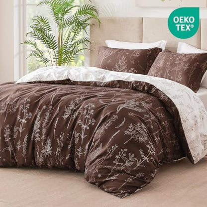 Love's cabin Chocolate Full Comforter Set - Full Size Comforter Set, 3 Pieces Cute Floral Bedding Sets for All Seasons,1 Soft Reversible Botanical Flowers Comforter and 2 Pillow Shams