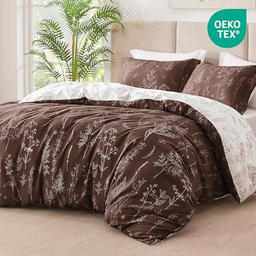 Love's cabin Chocolate Comforter Set King - King Size Comforter Set, 3 Pieces Cute Floral Bedding Sets for All Seasons,1 Soft Reversible Botanical Flowers Comforter and 2 Pillow Shams