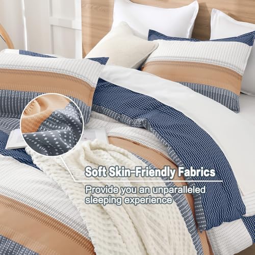 Litanika Blue Orange King Size Comforter Set - 3 Pieces Stripe Bed Set