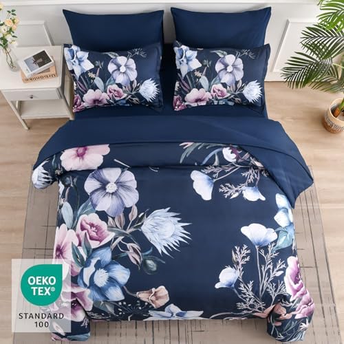 Luxudecor Floral Comforter Set Queen Size 7 Piece, Navy Flower Bed in a Bag, Elegant Floral Comforter with Sheet Set, Soft Microfiber Bedding Set for All Season (Navy, 90"x90")