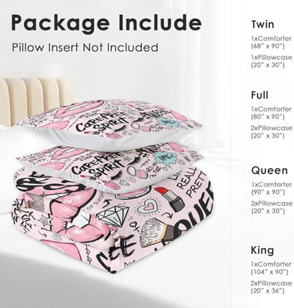 Pamnest Queen Comforter Set, 3 Pieces Makeup Pink Bedding, All Season