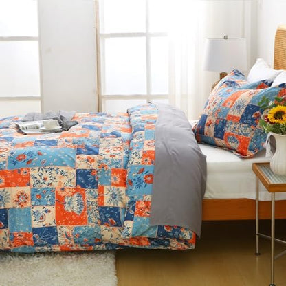 Mooreeke Floral Full Size Comforter Sets, Montage Boho Vintage Floral Patterned Bedding for All Seasons, 3-Piece Vintage Bed in a Bag with Fluffy Quilted Reversible Comforter & 2 Pillow Shams
