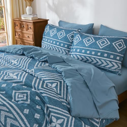 Yiran Boho Comforter Set Queen Size, 7 Pieces Aztec Blue Bed in a Bag